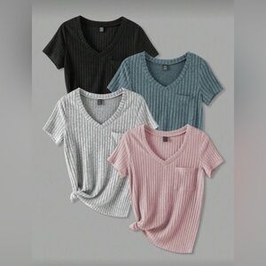 (NWOT)Ribbed V-Neck Short Sleeve Tops - Black, Gray, Blue, Pink